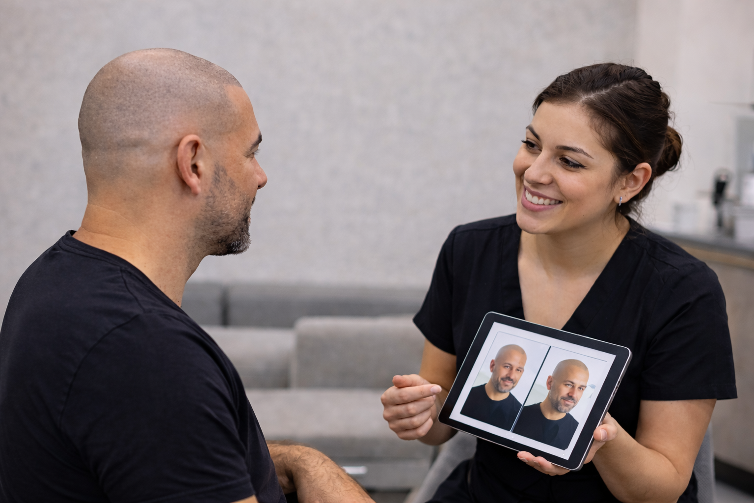A Foli Sim artist showing a client a before-and-after simulation during a free consultation