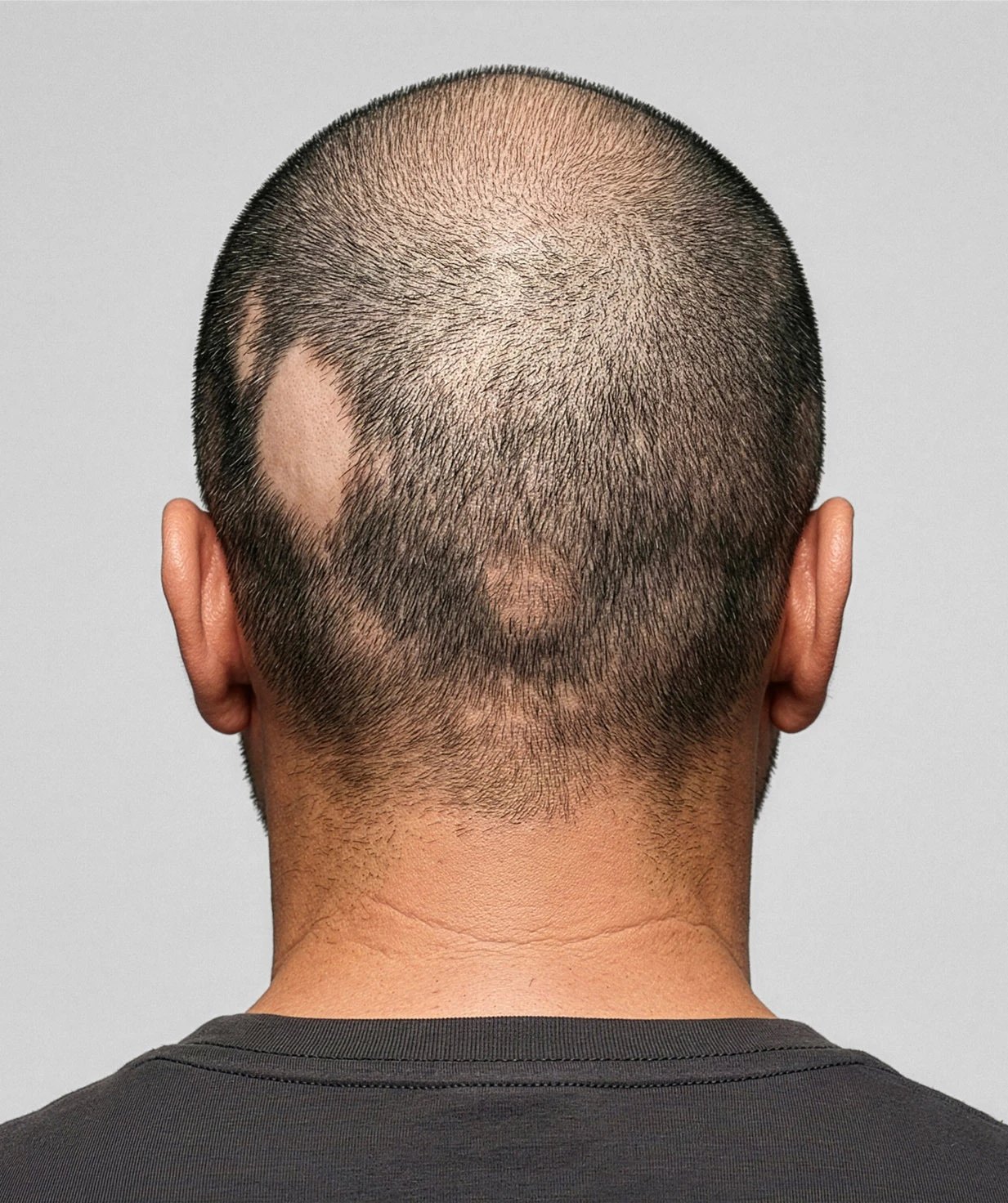 Alopecia areata: round patches of hair loss on the back of a man's head