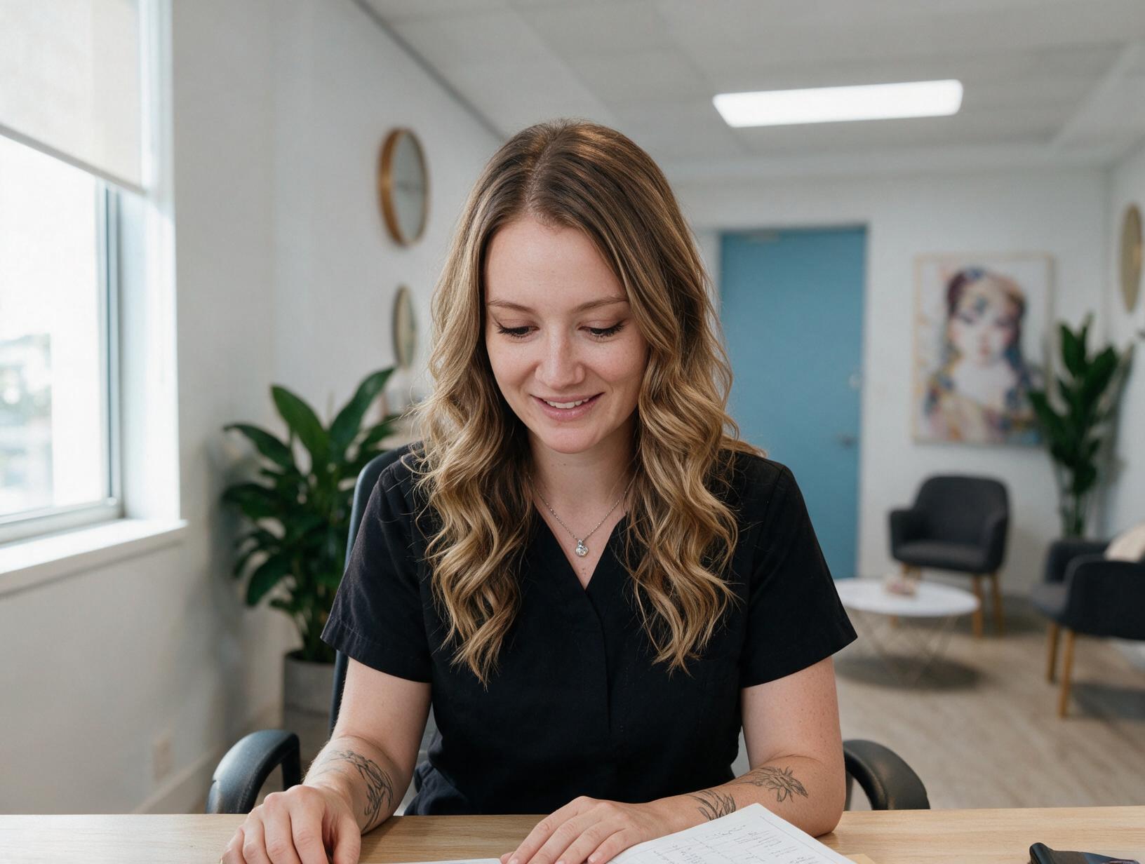 Smiling woman with wavy hair in a black scrub top sits at a wooden desk reading notes in a bright room with a blue door and