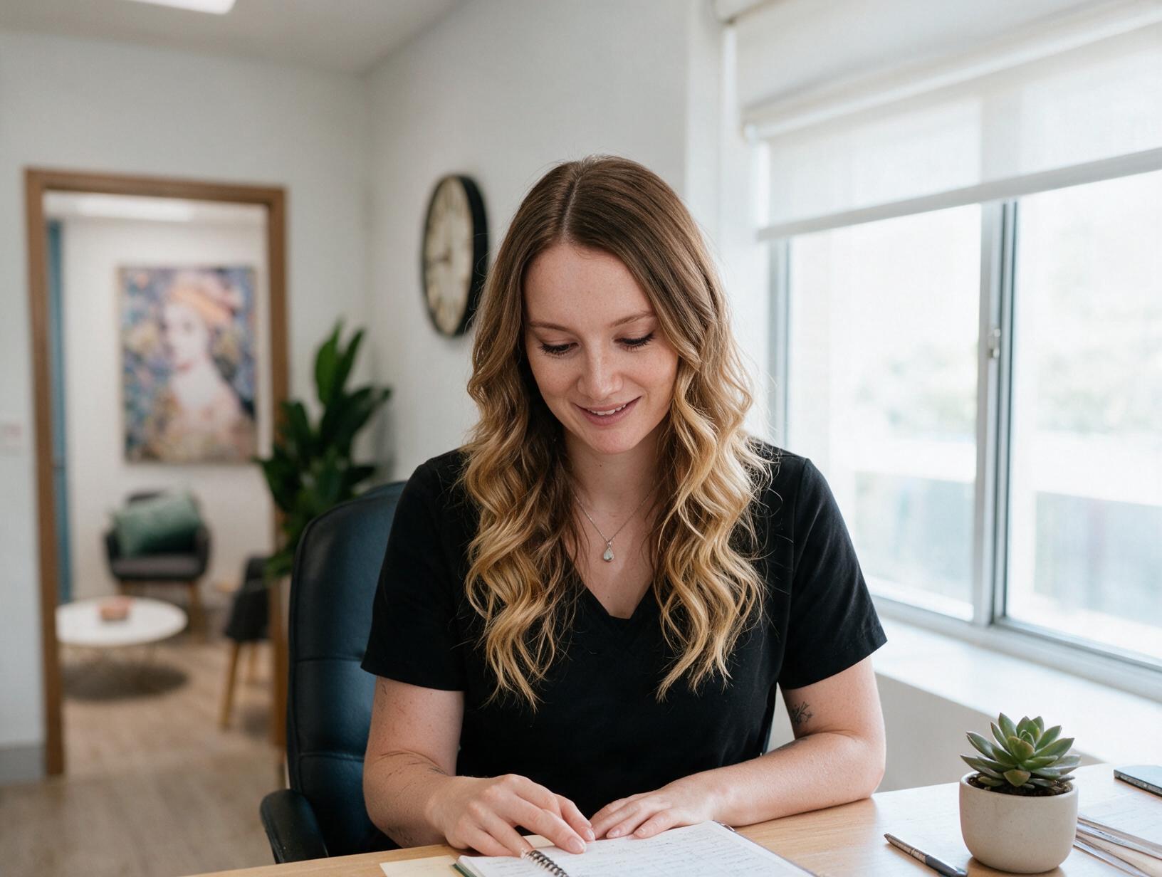 Smiling woman with long wavy hair in a black tee looks down at a notebook at a desk