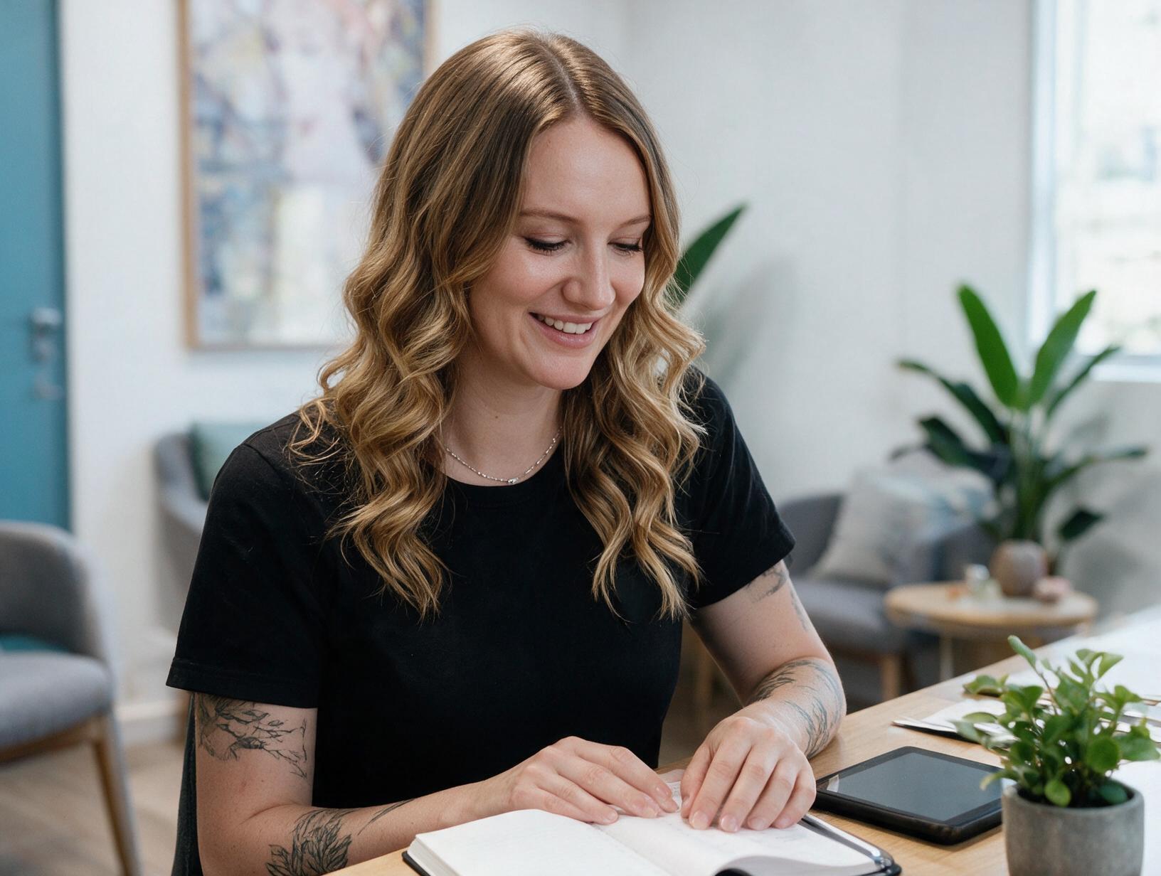 Smiling woman with long wavy light brown hair in a black t-shirt looks down at an open notebook at a wooden desk in a