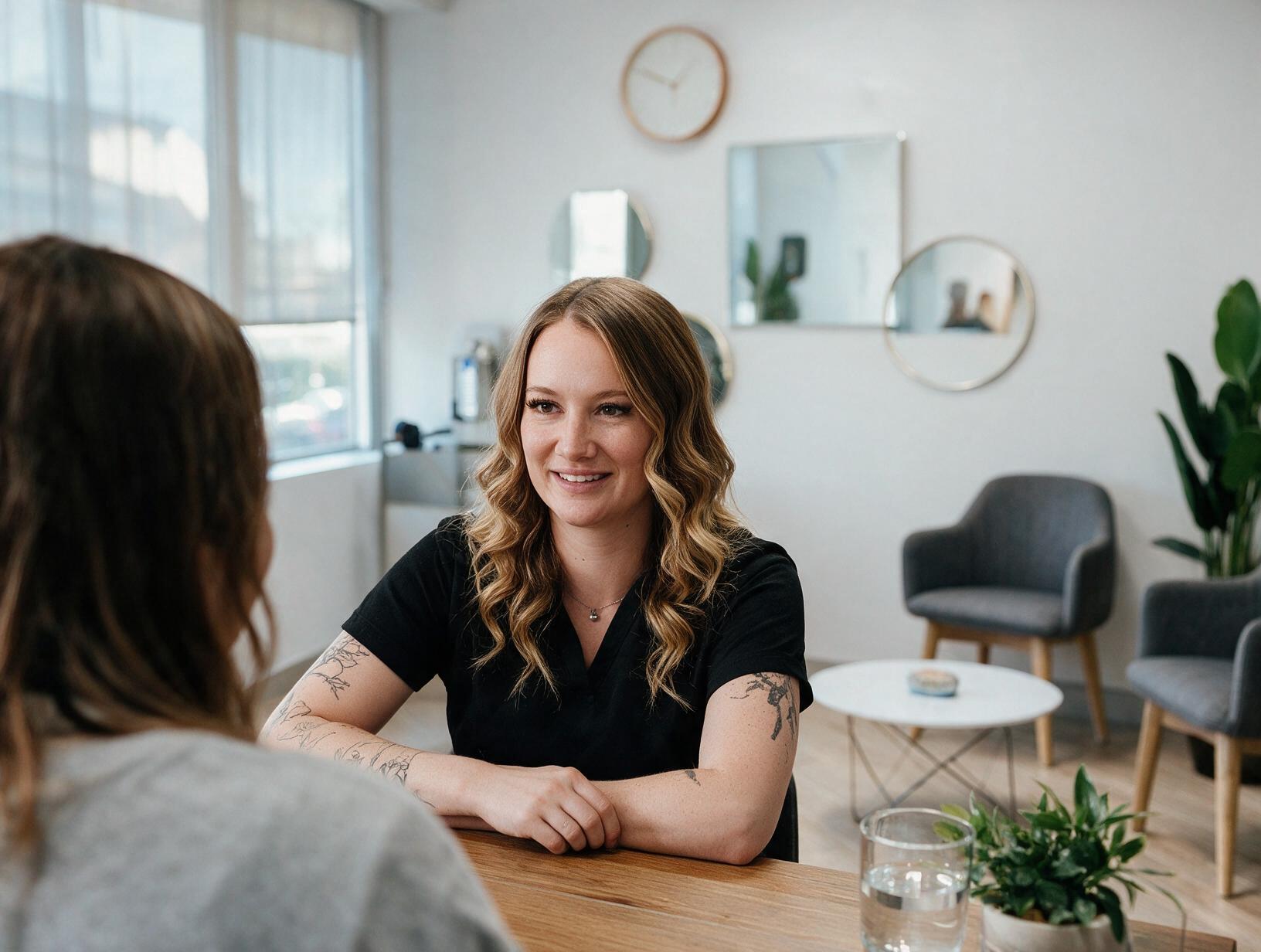 Smiling tattooed practitioner in black scrubs talking with a client across a wooden table in a bright, tidy studio.
