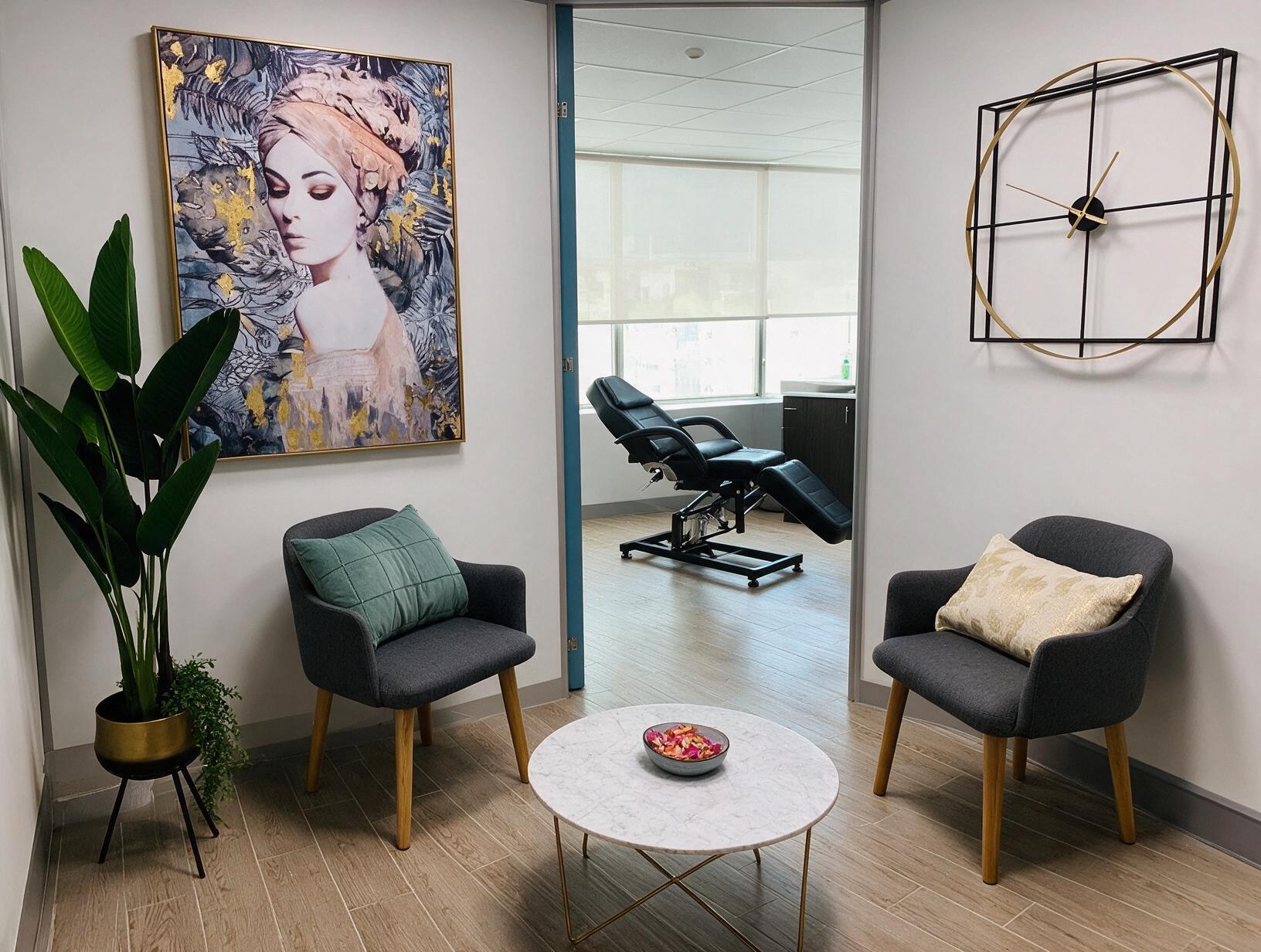 Waiting area with two grey armchairs, a marble coffee table