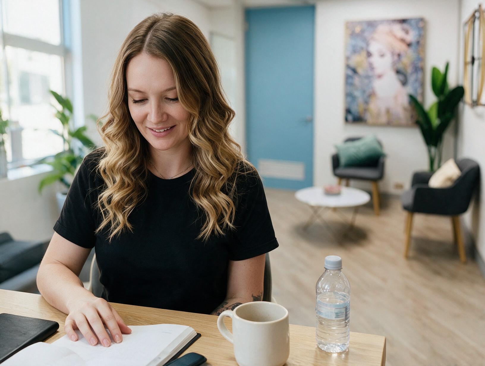 Smiling woman with wavy hair in a black t-shirt looks down at an open notebook at a wooden desk, with a mug and water bottle