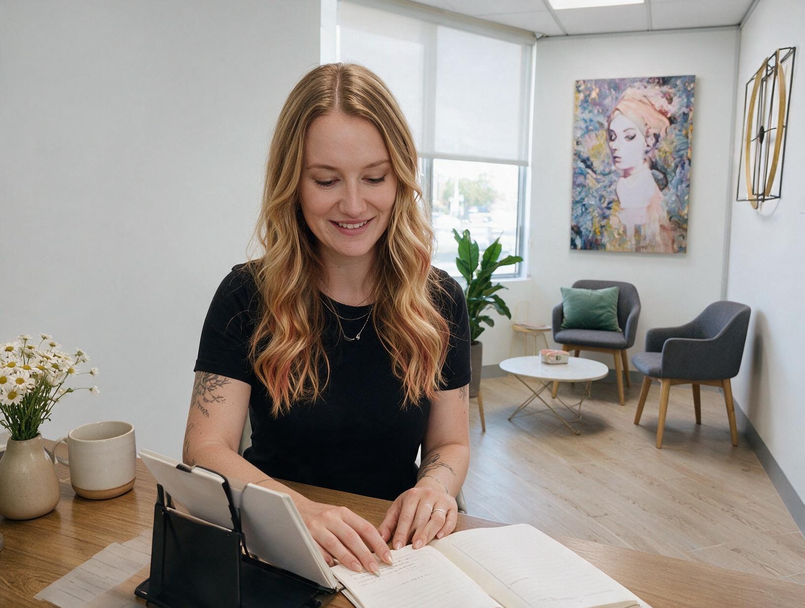 Smiling woman with wavy blonde hair in a black tee looks down at an open notebook at a wooden desk in a bright room with