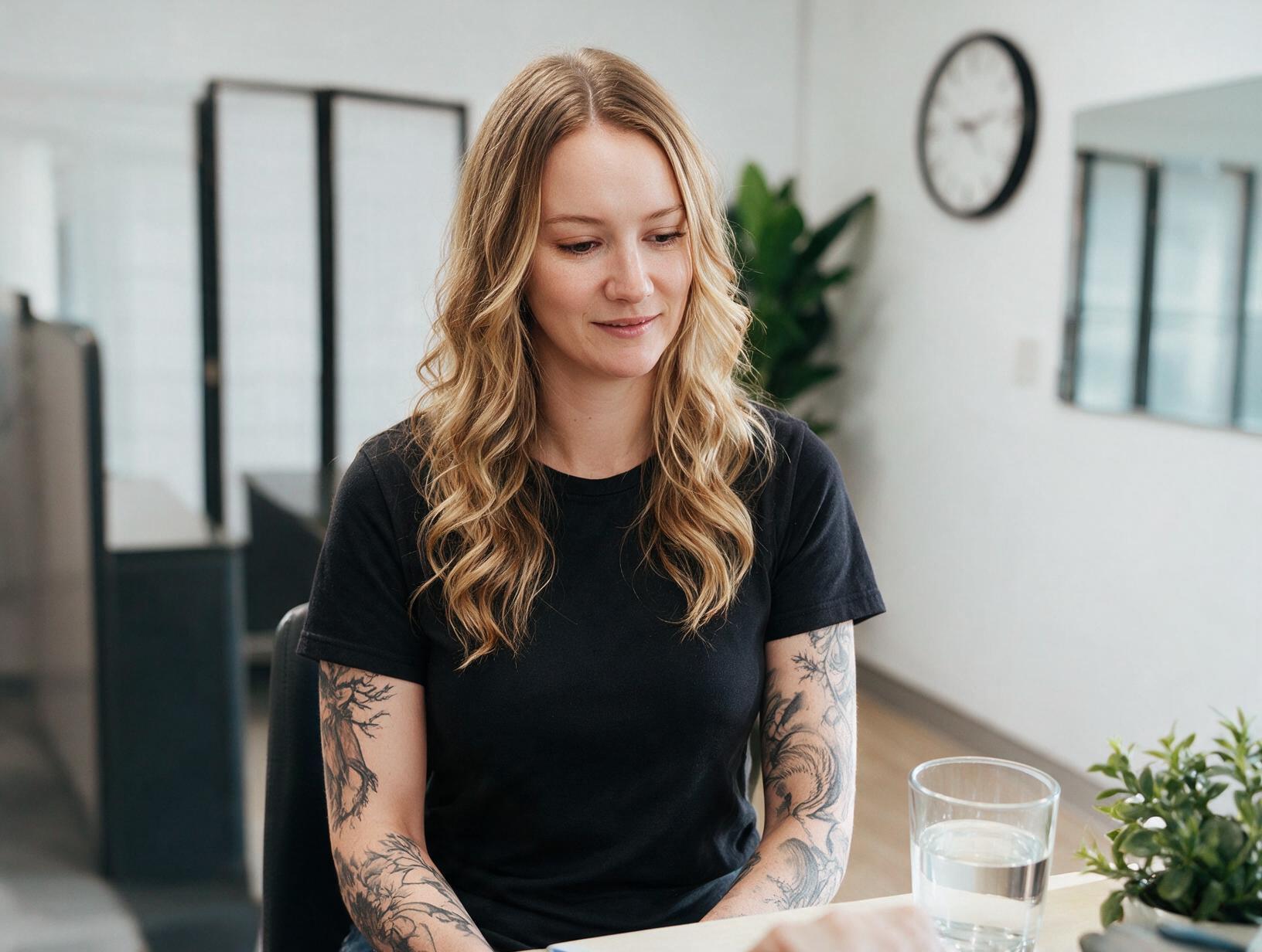 Smiling woman with wavy blonde hair and tattooed arms sits at a desk in a bright studio